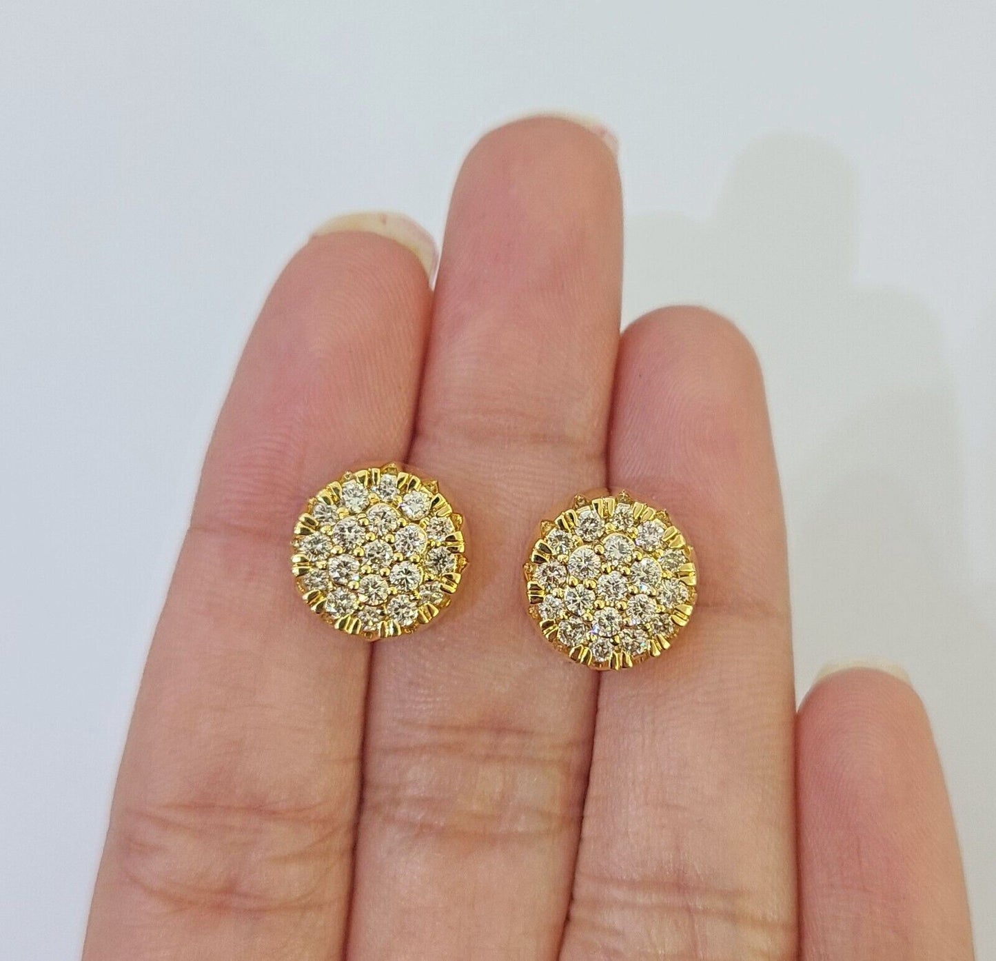 10k Yellow gold Flower Earrings Real Diamond screw-back Women Men studs