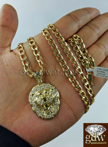 Real Mens 10k Gold Miami Cuban Link 26" Inch Chain with Lion Head Charm Pendant