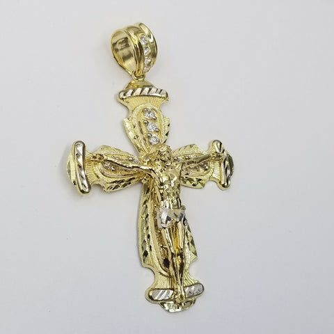 Real 10k Yellow Gold Rope Chain Crucifix Cross Pendent Jesus Diamond Cut Charm