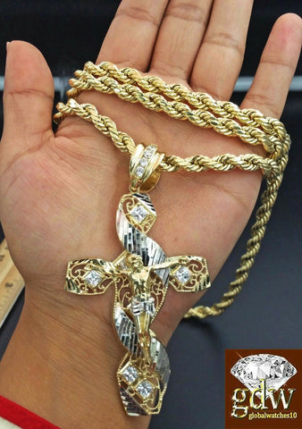 Real 10K Yellow Gold 28" Inch Rope Chain with Jesus Cross Charm Pendant  Men