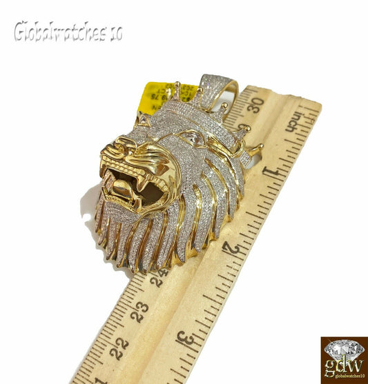 Real 10k Yellow Gold Diamond Mens Lion Head Charm Pendant with Genuine Diamonds.