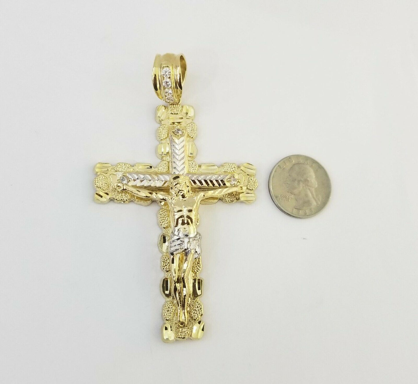 Mens Real10K Gold Nugget Cross Pendant Diamond Cut,10kt yellow Gold Charm