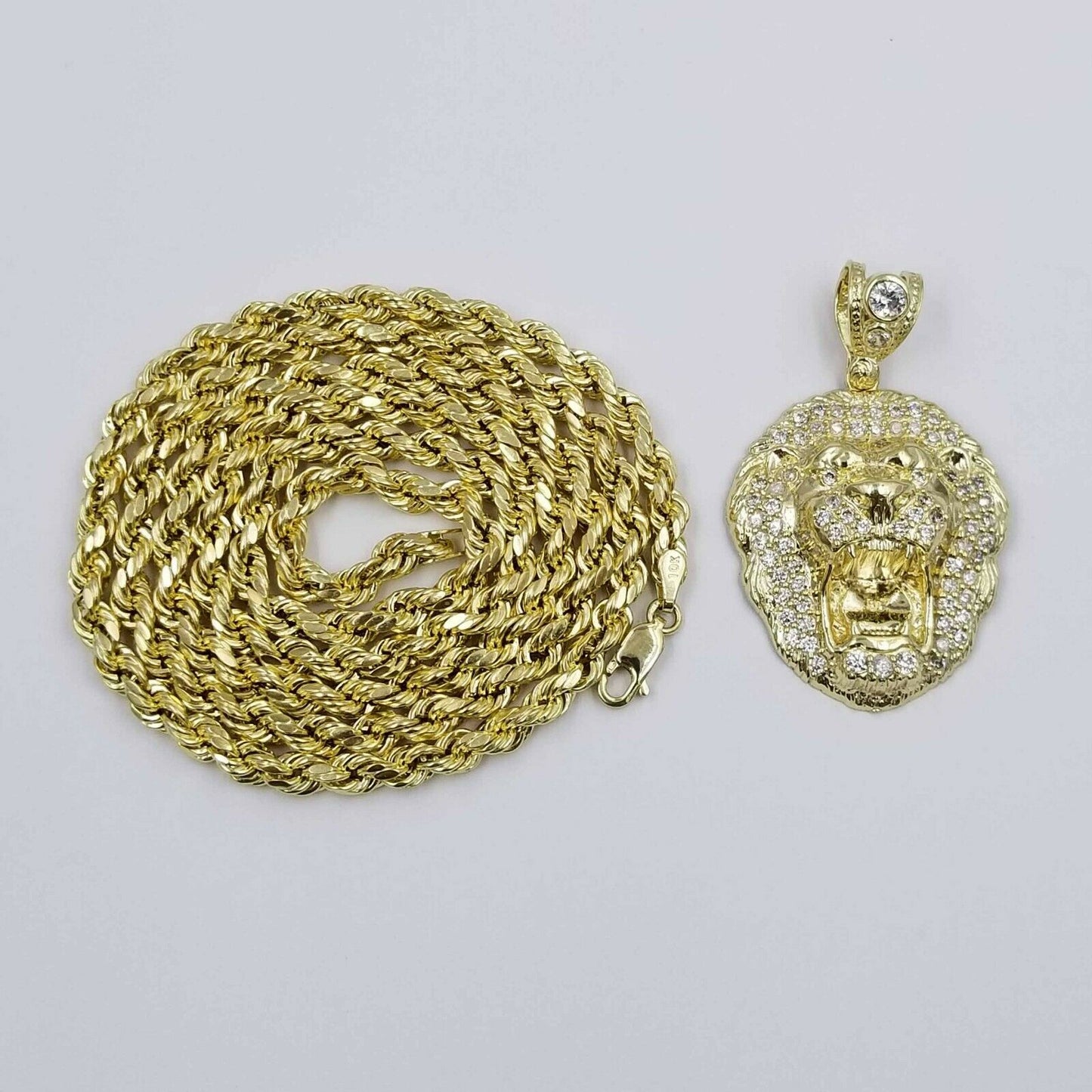 REAL 10k Yellow Gold KING Lion Head Charm Pendent 4mm Rope Chain 20 22 24 26