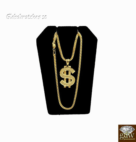 10k Gold Charm Pendant Dollar/Money Sign with Franco Chain in 20 22 24 26 Inch