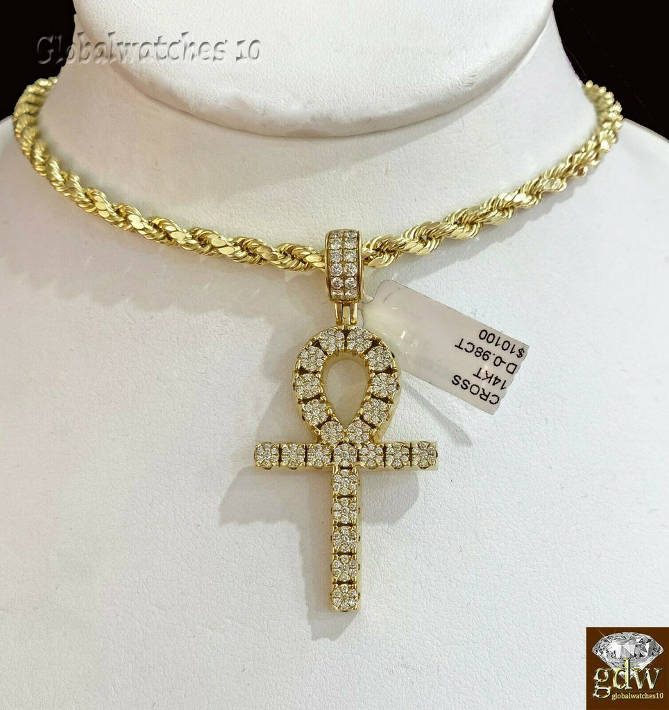 14k Gold Diamond Ankh Cross Charm Pendant, 10k Rope Chain in 18 20 22 24 26 Inch