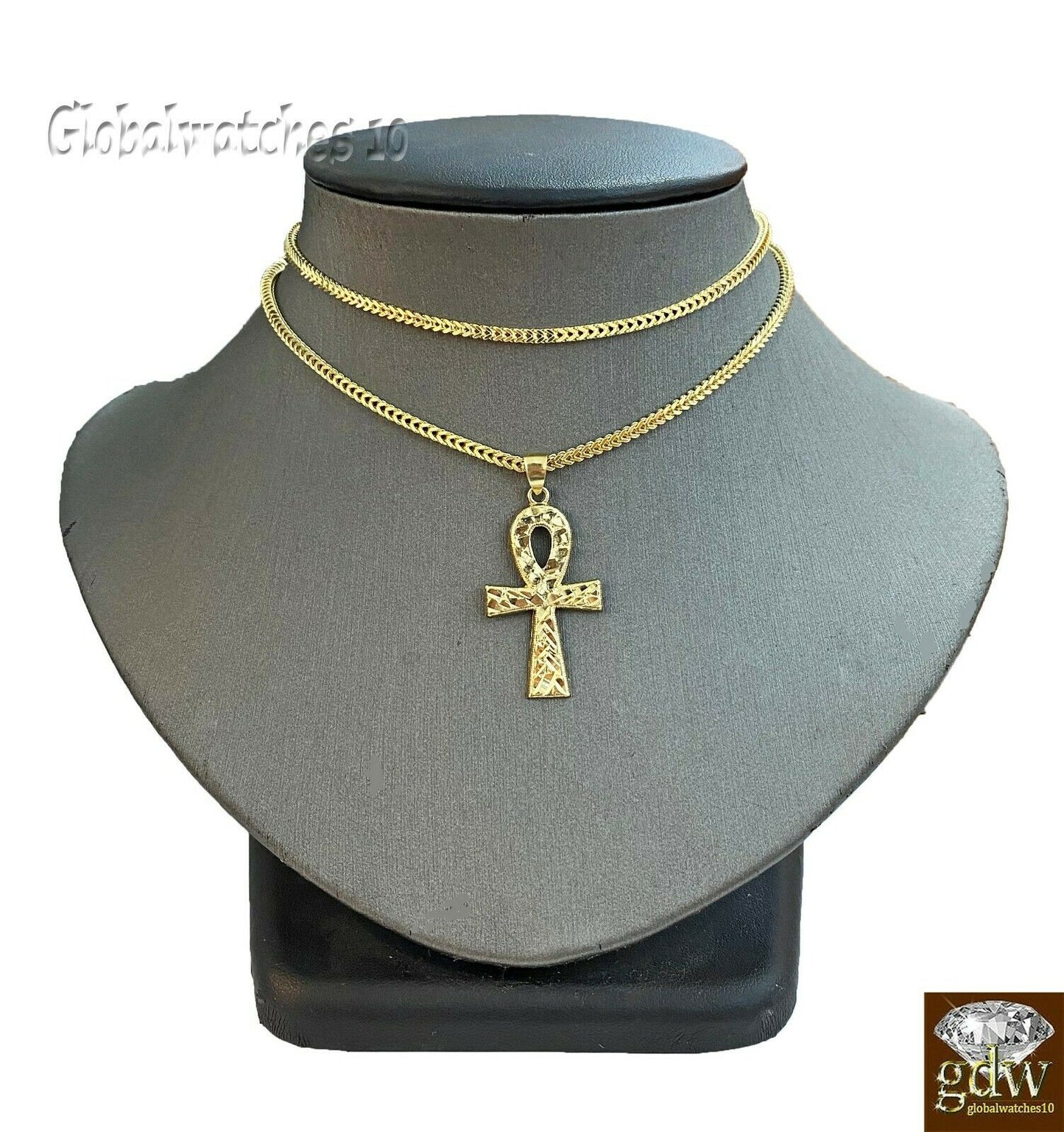 10k Gold Ankh Cross Charm Pendant Franco Chain 22" 24" 26" 28" Real