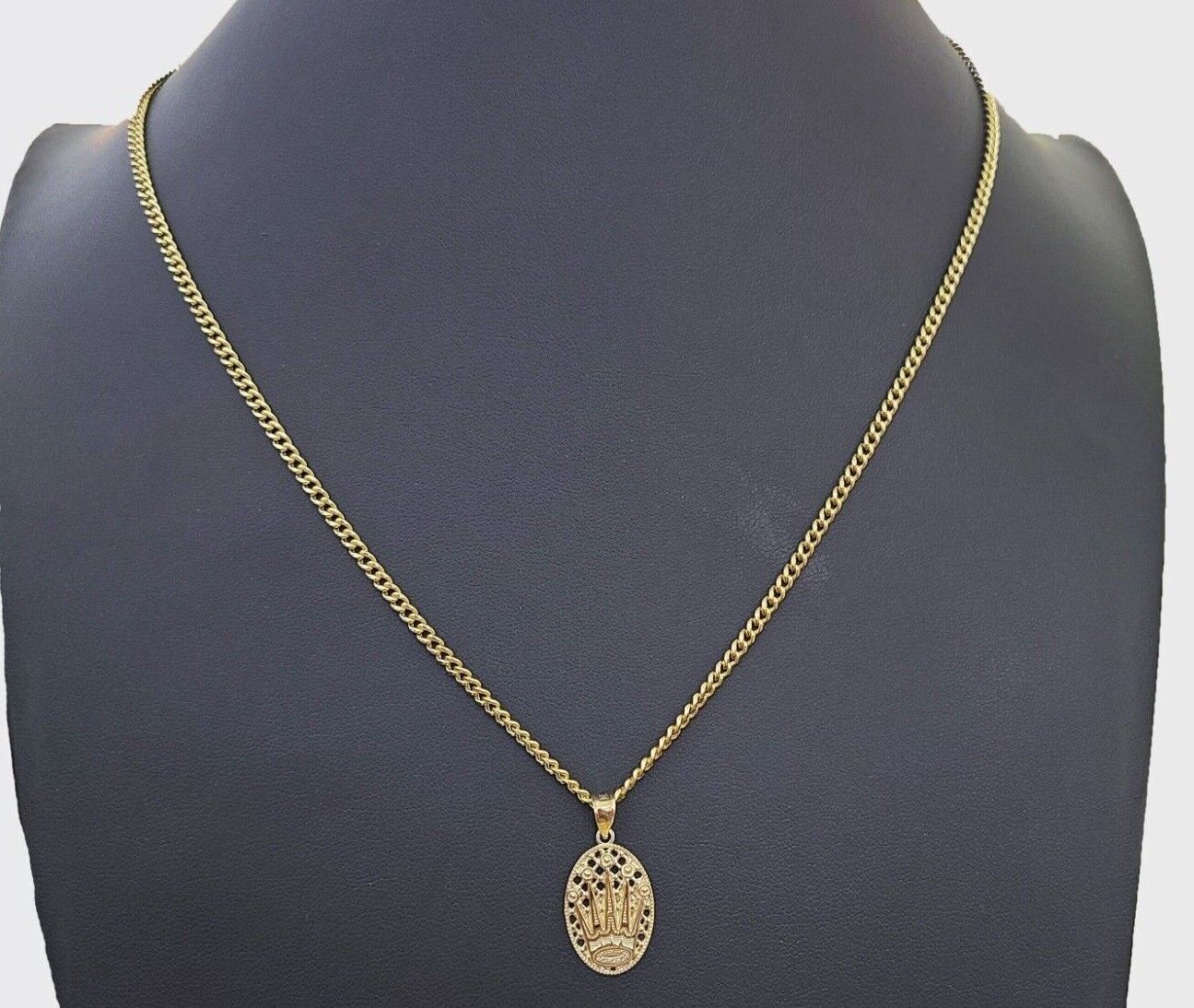 10K Yellow Gold Crown Pendent Charm 3mm Miami Cubn Chain 18" 20" 22" 24" 26"Inch