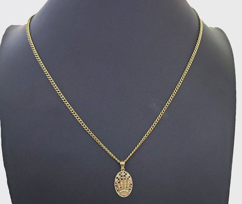 10K Yellow Gold Crown Pendent Charm 3mm Miami Cubn Chain 18" 20" 22" 24" 26"Inch