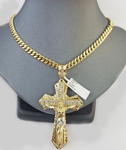 Real 10k Yellow Gold Cross Miami Cuban Link Chain Jesus Charm Pendant 6mm 24"