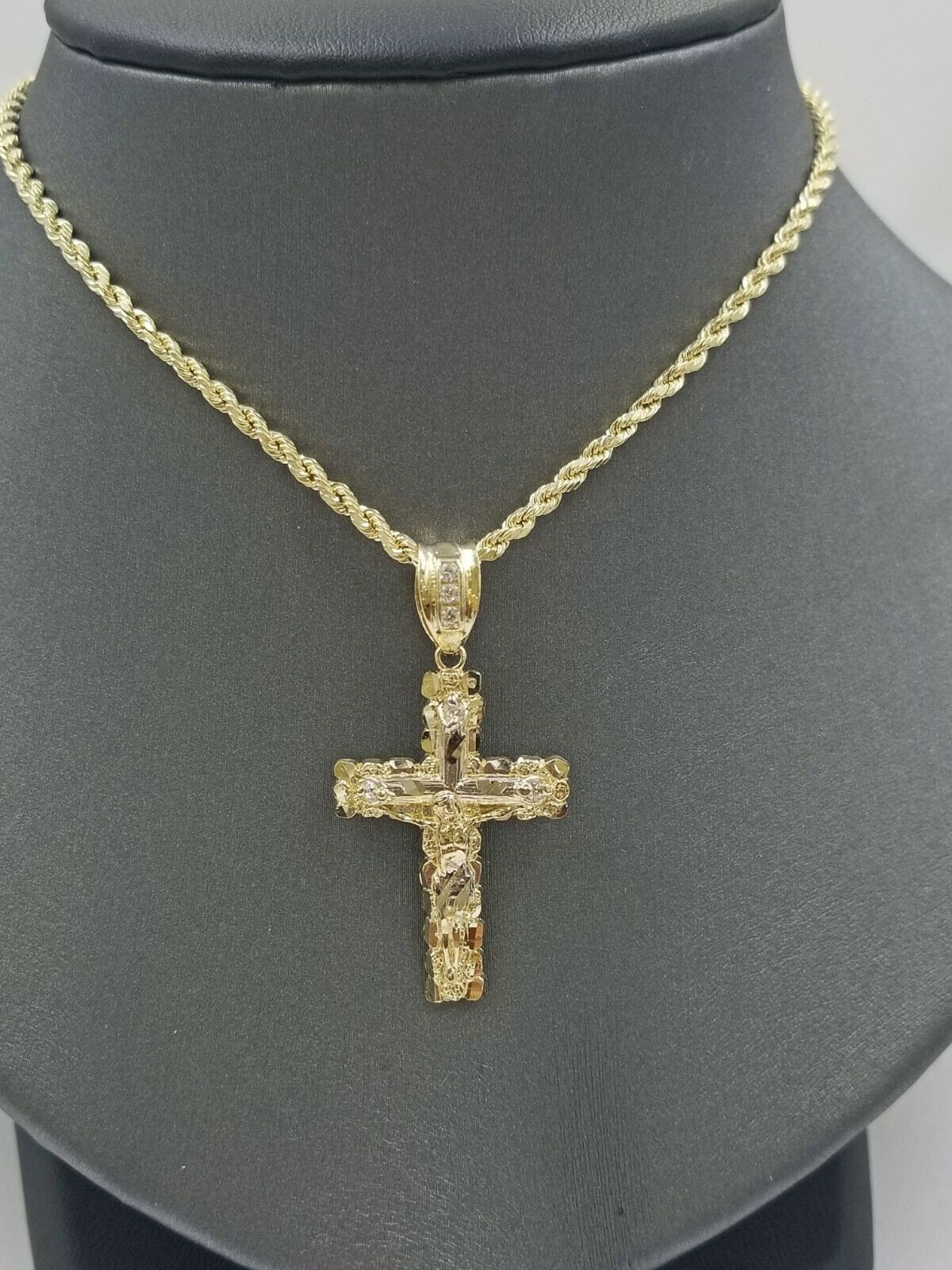 10k Yellow Gold Men Crucifix Cross Charm/Pendant Diamond Cut Jesus REAL