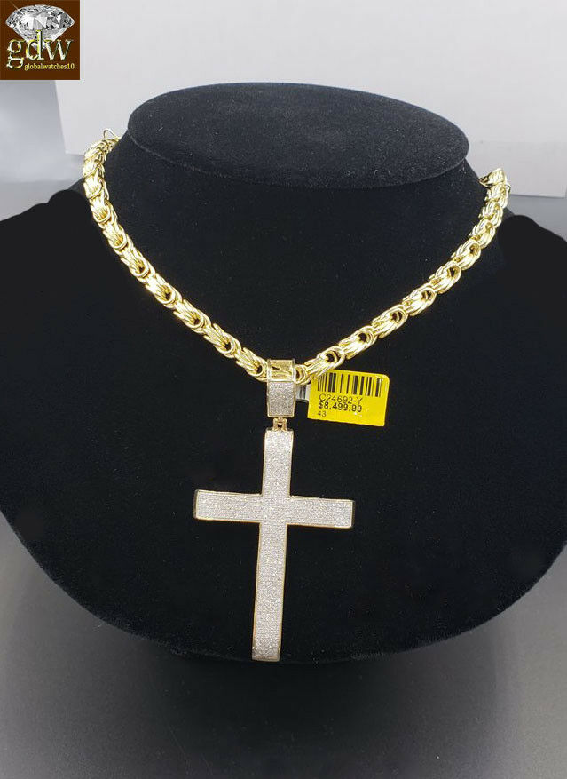 Real 10k Gold Byzantine Chain Necklace 28" &Genuine 1.52CT Diamond Cross pendant