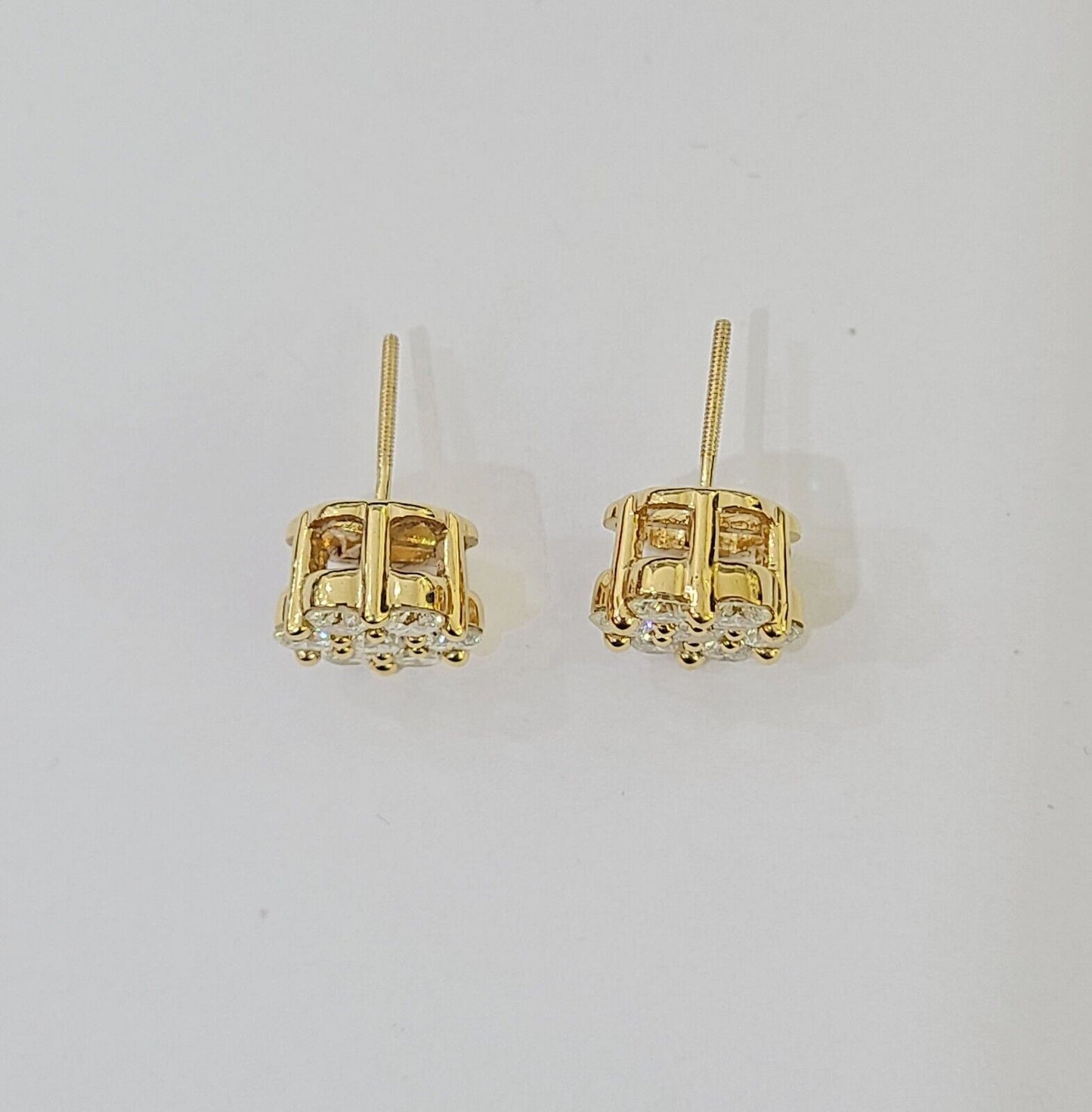 10k Yellow gold Flower Earrings Real Diamond screw-back Women Men studs