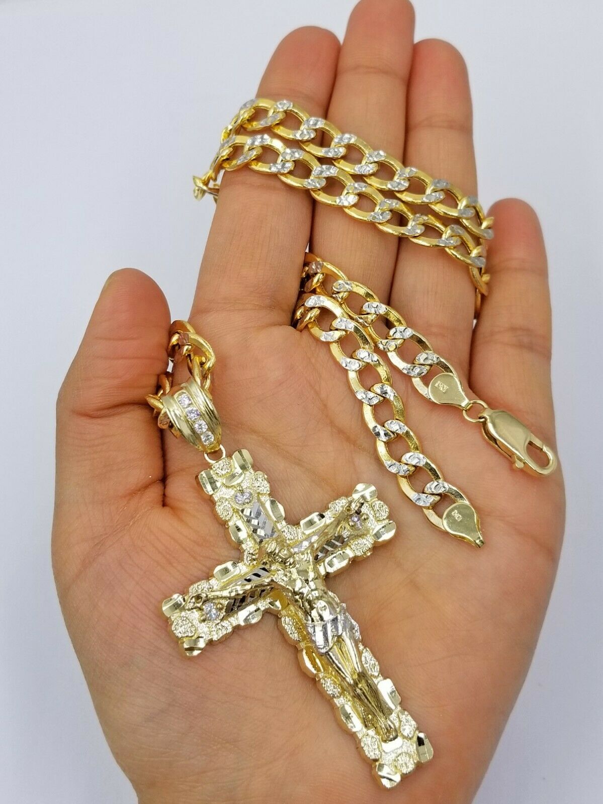 Real 10k Gold Cross And 10k Cuban Link 26" Necklace 3" Pendant Charm Chain Set