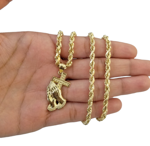 Real 10K Gold Praying Hand 20" Rope Chain Cross Pendant Charm 4mm