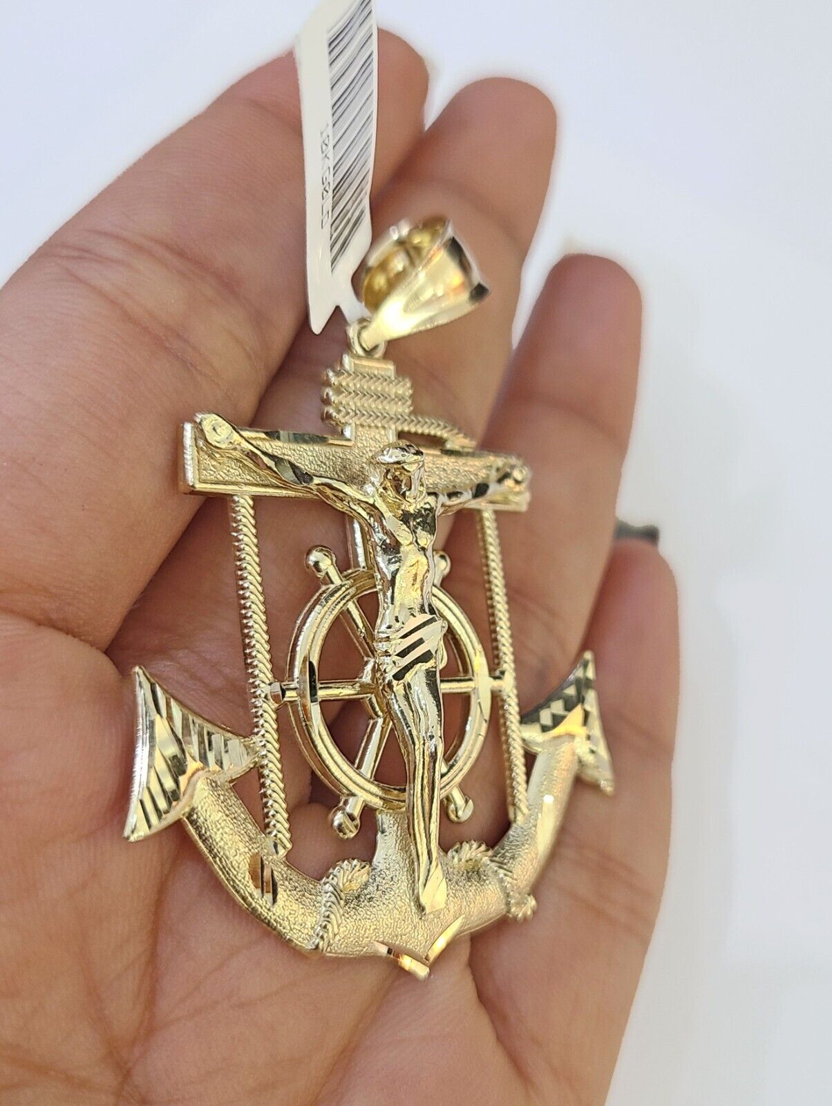 Real 10k Yellow Gold Jesus Crucifix Anchor Pendant Charm with 7mm 22" Rope chain