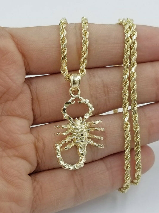 10k Gold Zodiac Scorpio Charm Pendant 2.5mm Rope Chain 18 20 22 24 26 28 Inches