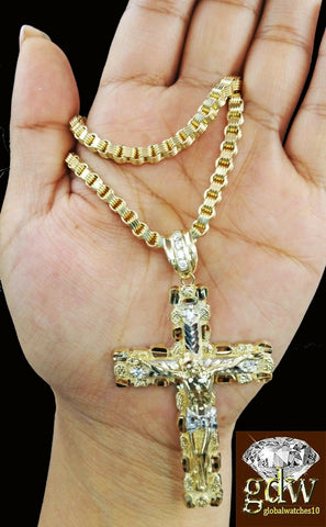 Real 10k Yellow Gold Jesus Cross Charm Pendant with 28 Inch Byzantine Chain