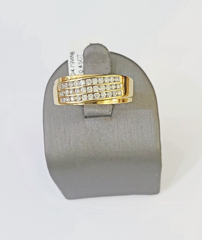 Real 10k 3 Row Diamond Mens Ring Yellow Gold Band Genuine Natural