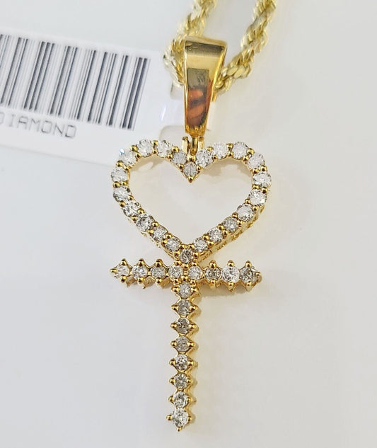 10k Gold Diamond Heart with Cross Pendent and 2.5mm 20 Inches Rope Chain