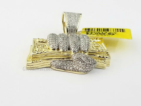 10k Real Yellow Gold Diamond Hand With $100 Money Charm/Pendant Real Diamond Men