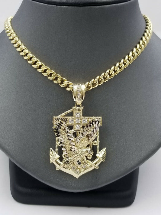 Real 10k Yellow Gold Miami Cuban Chain 24" American Eagle Anchor Charm Pendant