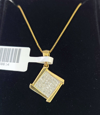 Real 10k Yellow Gold Square Diamond Pendant Chain Necklace Set Women