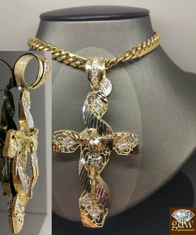 New 10k Yellow White Gold Jesus Crucifix Cross Pendent Diamond Cut