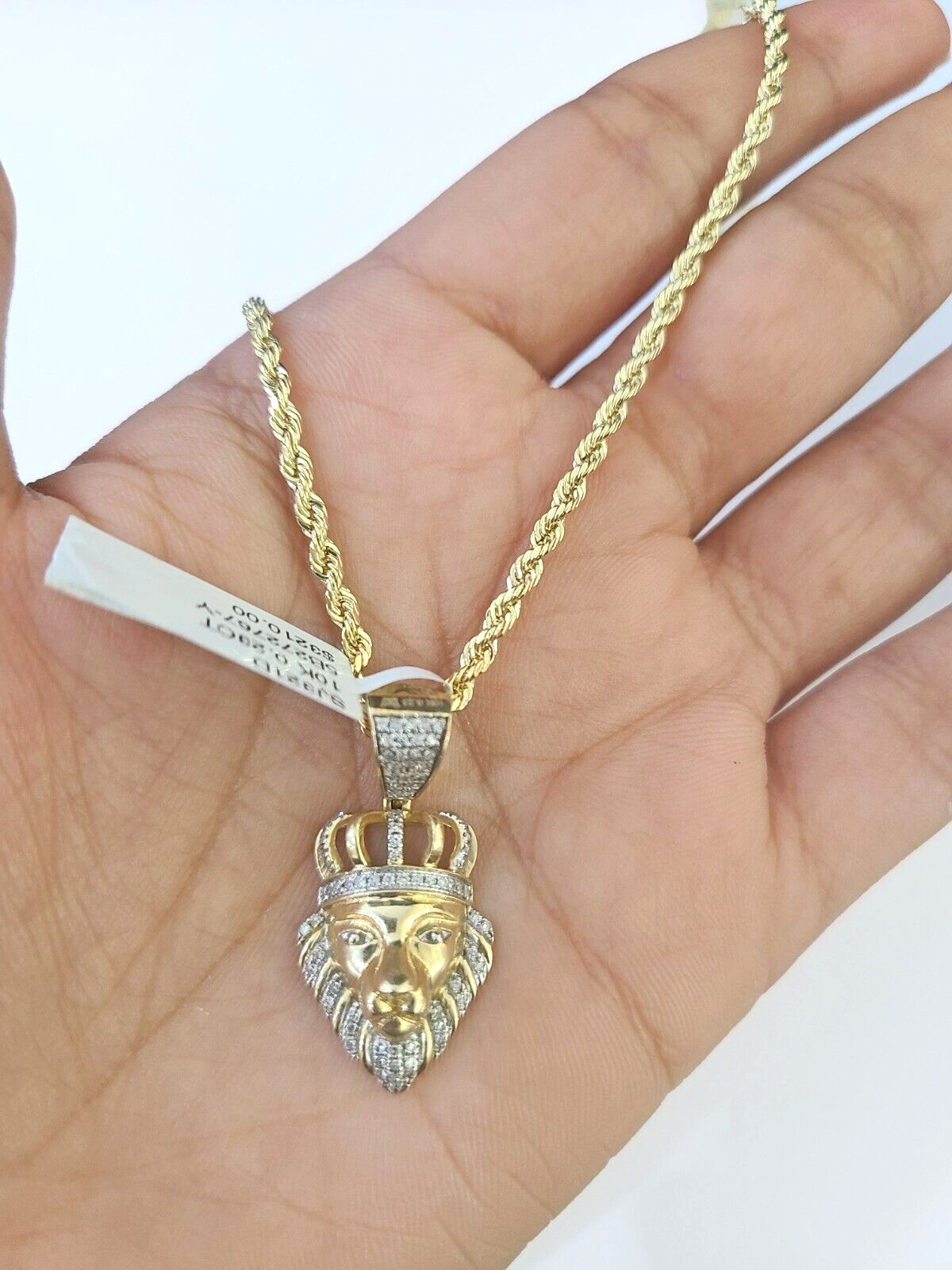 10k Gold Lion Head Real Diamond Charm and 2.5mm 24 Inch Rope ChainOn Sale