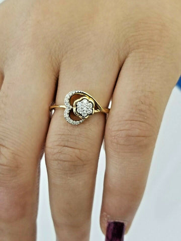 10k Yellow Gold Diamonds ladies Ring Heart Design Flower Setting Genuine Diamond
