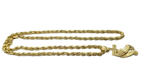10k Yellow Gold Praying Hand Cross Pendent 4mm Rope Chain 18 20 22 24 26 28 30"