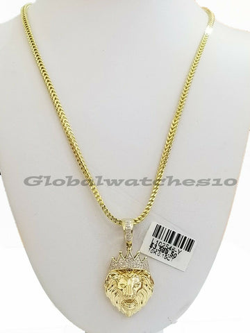 10k Yellow Gold & Diamond Lion head Pendant with 18"-26" Inches Franco Chain