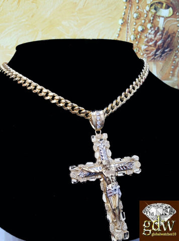 Real 10k Yellow Gold Jesus Cross Charm/Pendant with 26 Inches Miami Cuban Chain.