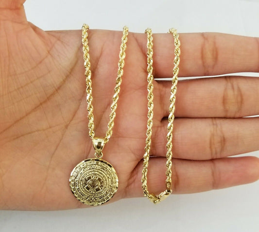 10k Yellow Gold Aztec Calendar charm and 3mm rope chain ,10kt Real Gold set