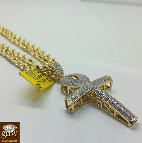 Real 10k Yellow Gold & Diamond Ankh Cross Charm/Pendant, 10K Rope Chain, Mens