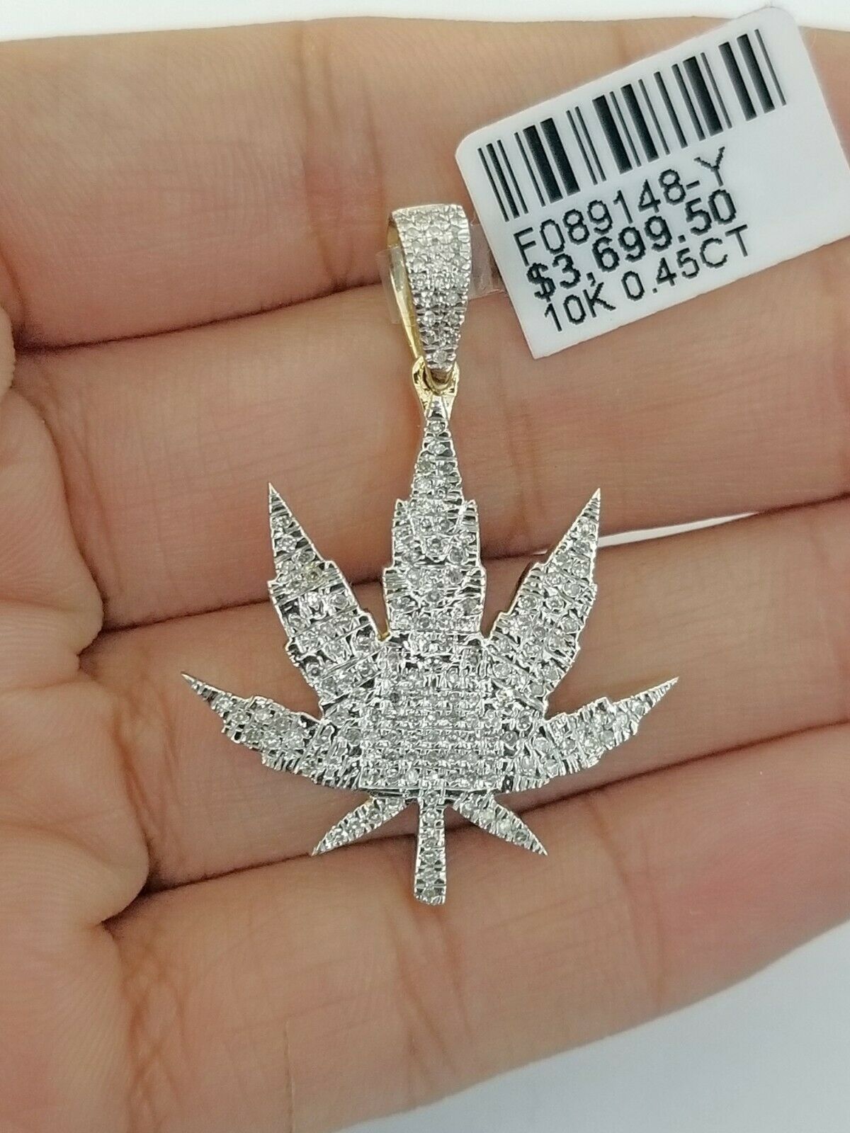 10K Real Yellow Gold Marijuana Leaf Charm Pendant Genuine Diamonds Hig