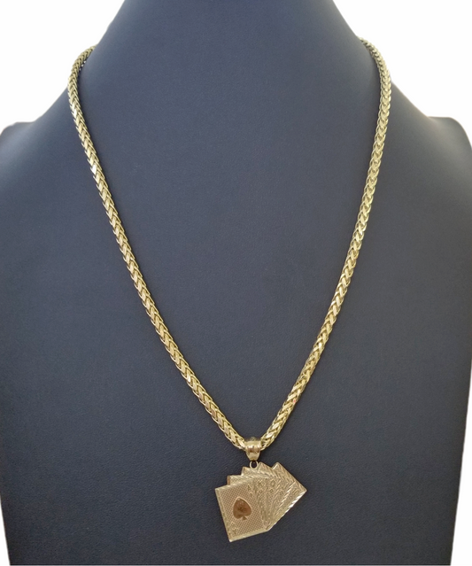 10k Yellow Gold Card Game Pendent 4mm Palm Chain 22" Inch Necklace