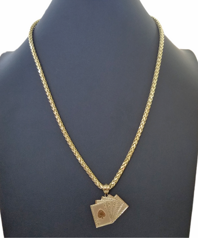 10k Yellow Gold Card Game Pendent 4mm Palm Chain 22" Inch Necklace