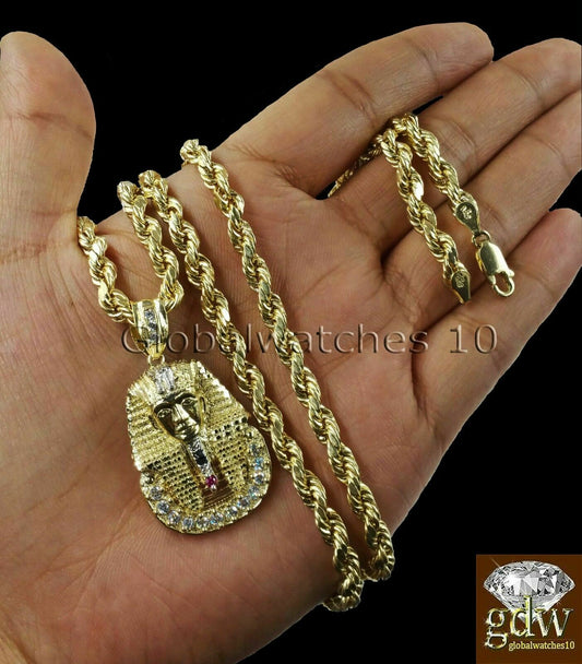 10k Gold Rope Necklace Chain 18-22 Inch With Egyptian Pharaoh Head Charm Pendant