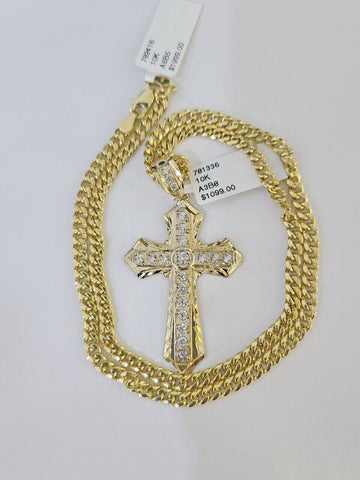 10k Cross Charm Miami Cuban Chain 4mm 22 inch SET Yellow Gold