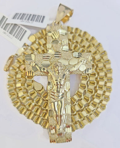 Real 10k Gold Nugget Cross Byzantine Chain Necklace 4mm 26" Chain Charm SET 10kt