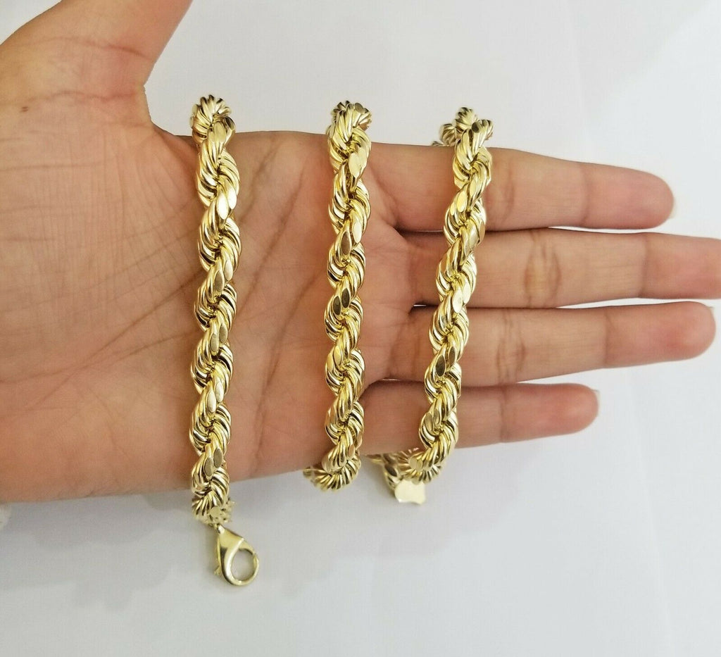 Real Solid 10K Gold Rope Chain 10mm Necklace 20 22 24 26 inch Long Diamond Cuts 24 inch