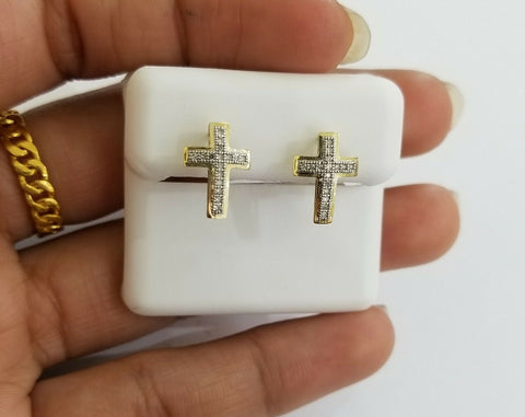 Real 10k Yellow Gold Cross Earring with 0.10CT diamond screw-bag Men Women studs