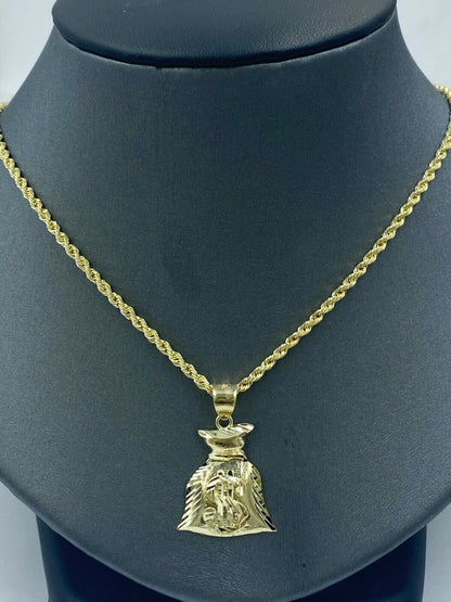 Real 10k Gold Mens Money Bag Charm Pendant Rope Chain 18 20 22 24 26 28 Inch