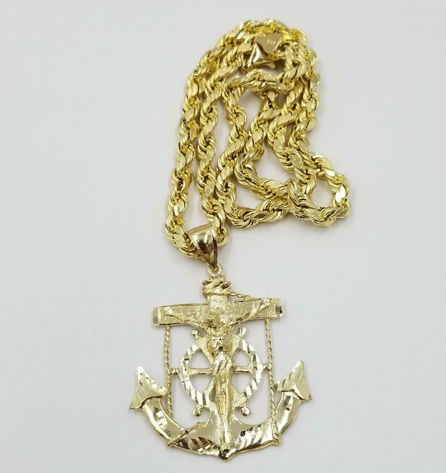 REAL 10k Gold Jesus Anchor Charm Pendent 6mm Rope Chain Diamond Cut 20 22 24 26