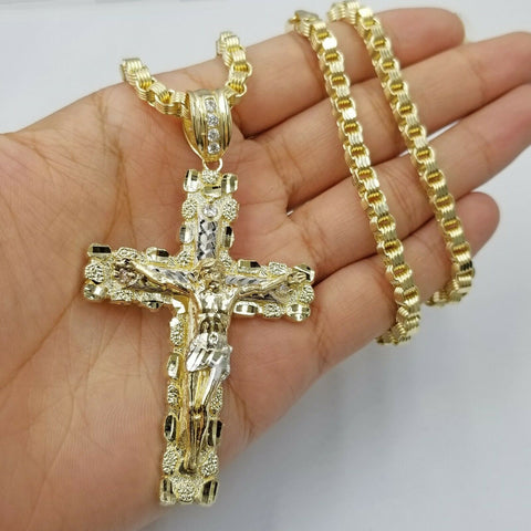 Mens 10k Yellow Gold Cross Charm Diamond Cut Pendant Byzantine Chain in 24" Real