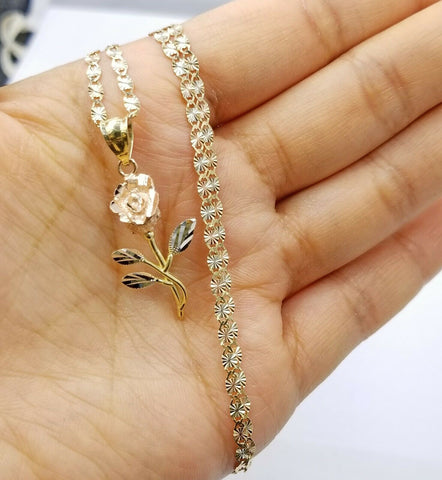 10k Real Trio Gold Rose Flower Pendant With Trio Chain 3mm 22" For Women