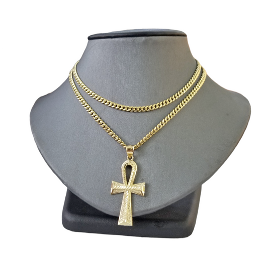 Real 10k Gold Ankh Cross Pendent 4mm Cuban Link Chain 18"20' 22" 24" 26" 28" 30"