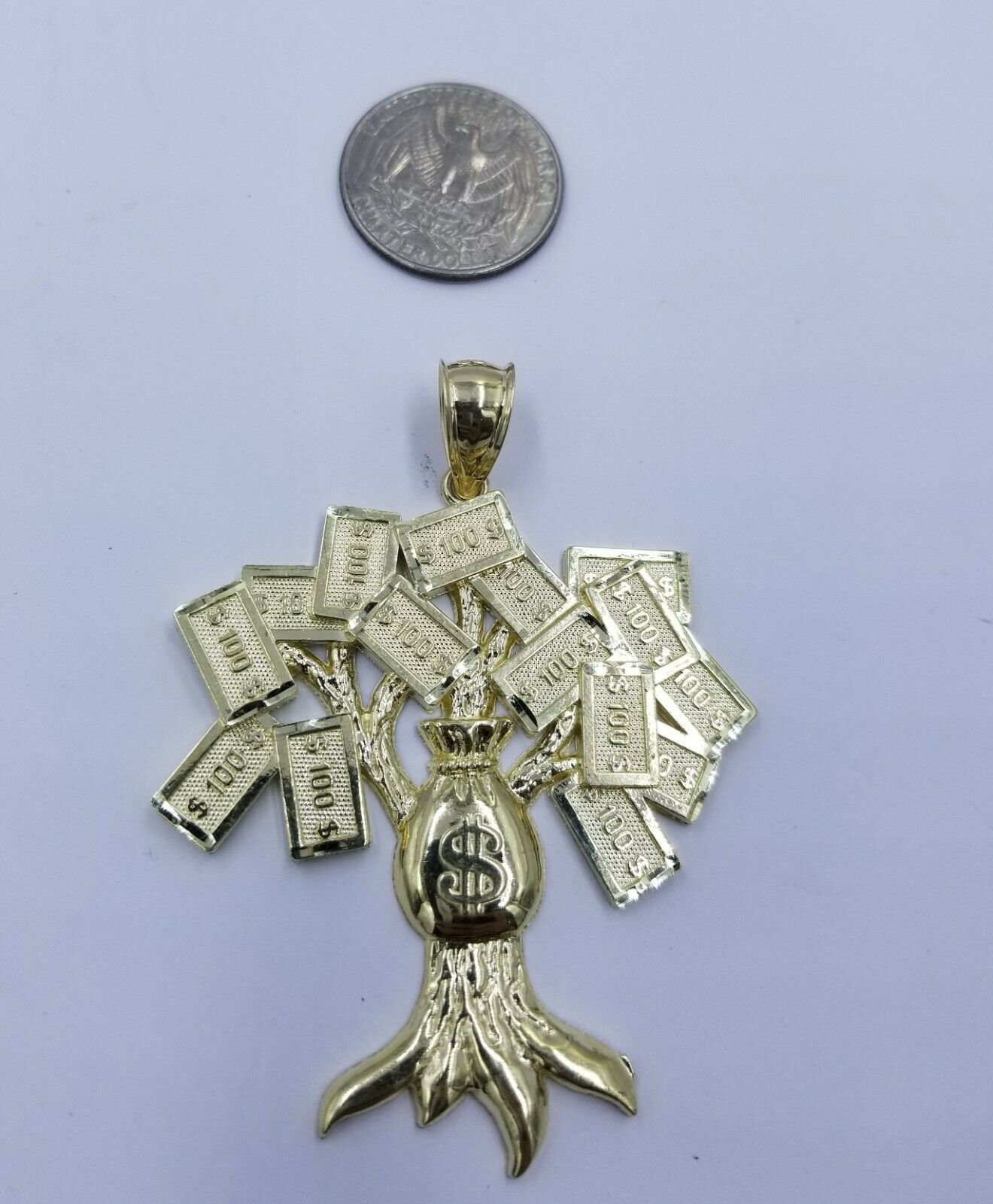 10k Yellow Gold Lucky $100 Dollar Bag Large 3" Charm Money Tree Pendant Real