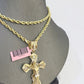14k Yellow Gold Rope Chain & Jesus Swirl Cross Charm SET 4mm 20 Inches Necklace