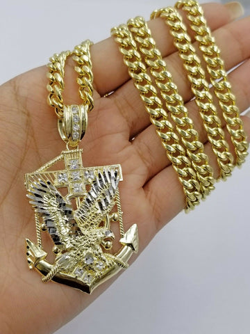 Real 10k Yellow Gold Miami Cuban Chain 24" & American Eagle Anchor Charm Pendant